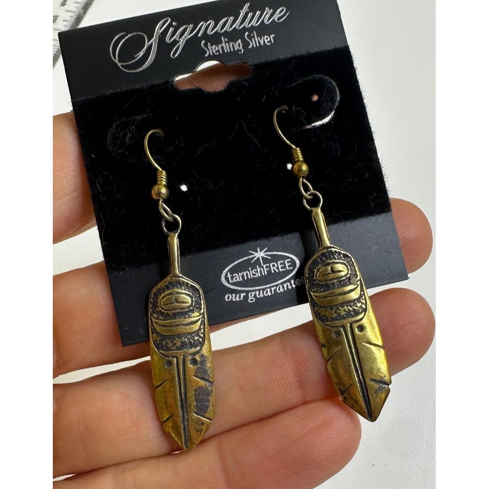 Signature Brand Sterling Silver Earrings Feather Shape Dangle Brass Tone Etched